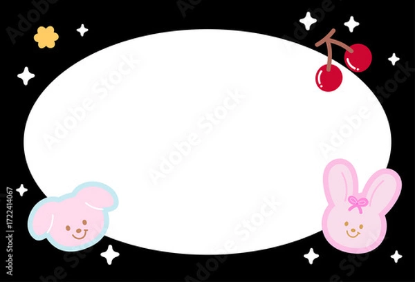 Fototapeta Cute black frame with puppy, bunny, cherry for polaroid frame, animal, social media, poster, post card, rectangle ad template, book cover, sticky note, banner, name tag, paper, pet, vet, dog, easter