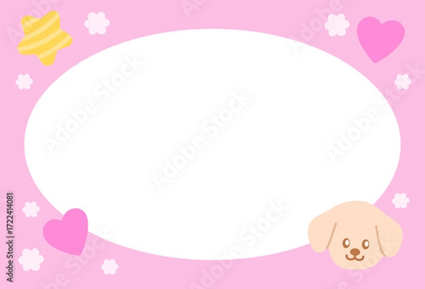 Fototapeta Cute pastel pink frame with puppy, stars, heart for polaroid frame, animal, social media, poster, post card, rectangle ad template, book cover, sticky note, banner, name tag, paper, pet, dog lovers