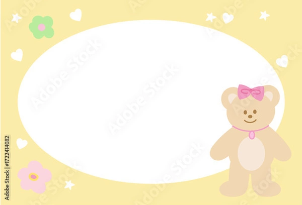 Fototapeta Cute yellow frame with teddy bear, flowers, heart for polaroid frame, animal, social media, poster, post card, rectangle ad template, book cover, sticky note, banner, name tag, paper design, zoo