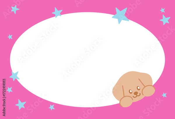 Fototapeta Cute pastel pink frame with puppy, stars for polaroid frame, animal, social media, poster, post card, rectangle ad template, book cover, sticky note, banner, name tag, paper, pet, vet, dog lovers