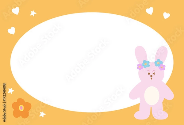 Fototapeta Cute orange frame with bunny, flower, heart for polaroid frame, animal, social media, poster, post card, rectangle ad template, book cover, sticky note, banner, name tag, paper, pet, vet, happy easter