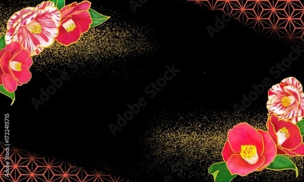 Obraz 椿と麻の葉模様の背景