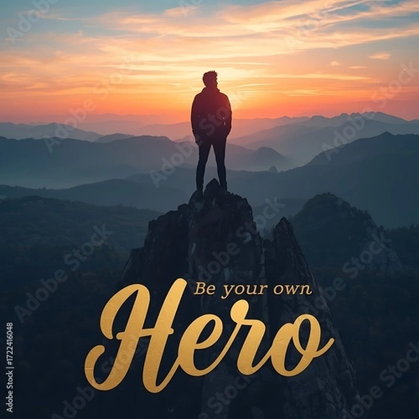 Fototapeta Motivational Landscape Image Man on Mountaintop, Be Your Own Hero