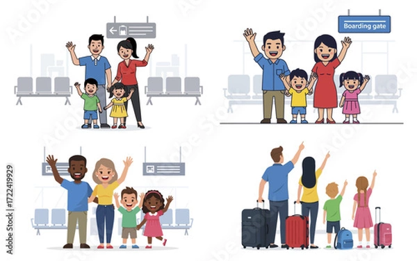 Fototapeta Two Families at the Airport Ready for Travel with Enthusiastic Expressions.