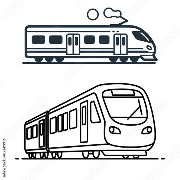 Fototapeta Two Modern Train Illustrations Side and Front Views Line Art.