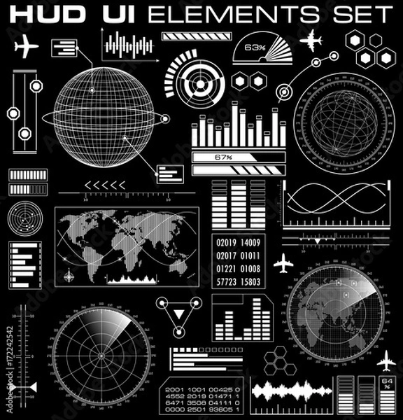 Fototapeta Set of futuristic graphic user interface HUD. Infographic design UI elements and radar screens. Head up display vector illustration.