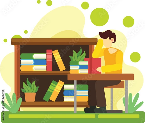 Obraz Student reading book in library illustration