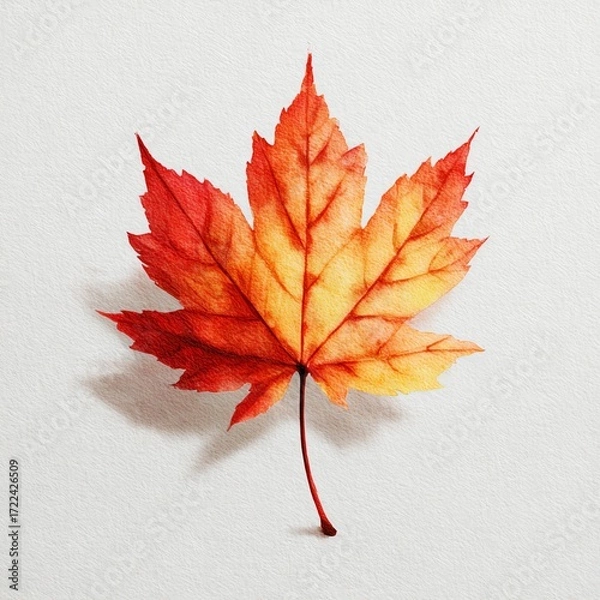 Fototapeta single maple leaf watercolor painting in warm autumn tones, detailed veins, minimal botanical design on white background