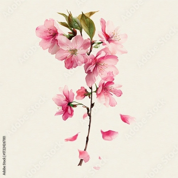 Fototapeta delicate watercolor illustration of cherry blossom branch with soft pink petals falling, minimal botanical artwork