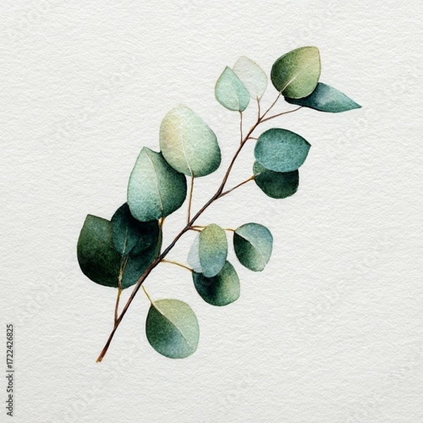 Fototapeta single eucalyptus branch watercolor painting, muted green leaves, simple botanical design on white background