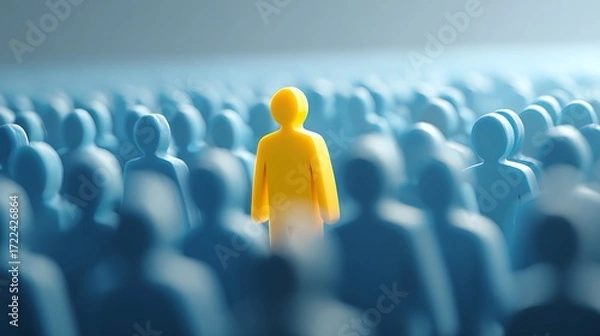 Fototapeta A Unique Yellow Person Standing Out from a Large Crowd of Blue Figures, Symbolizing Individuality