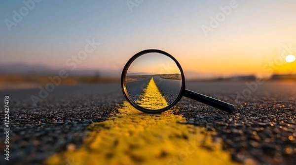 Fototapeta A Magnifying Glass Focusing on a Yellow Road Line Leading Towards a Distant Sunset Horizon