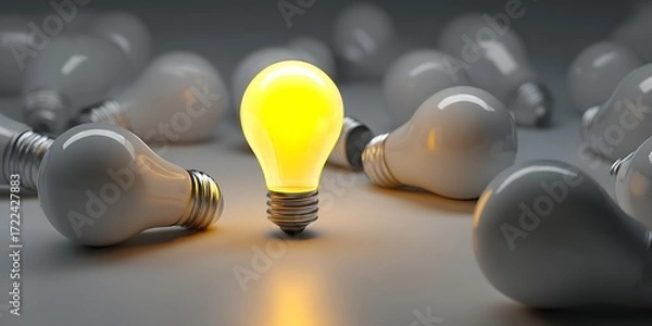 Fototapeta Bright yellow lightbulb glowing with a brilliant idea, standing out from a crowd of dull white bulbs