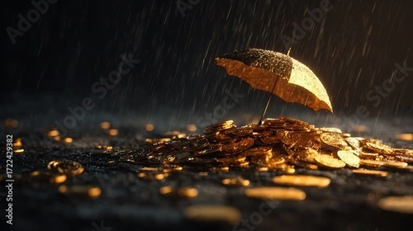 Fototapeta Concept of protecting wealth and investments, a golden umbrella over coins during a rain storm