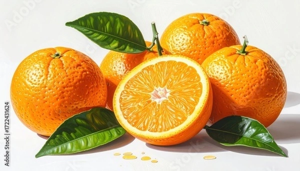 Fototapeta Vivid oranges, whole and halved, surrounded by glossy leaves, set against a bright white backdrop. Fresh, ripe and zesty
