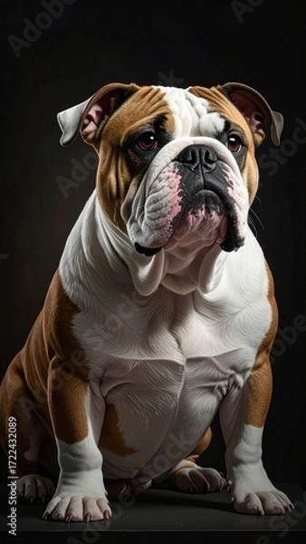 Fototapeta Majestic English bulldog portrait. Brown and white fur, wrinkled face, alert eyes, isolated against a dark, smooth backdrop in a vertical format