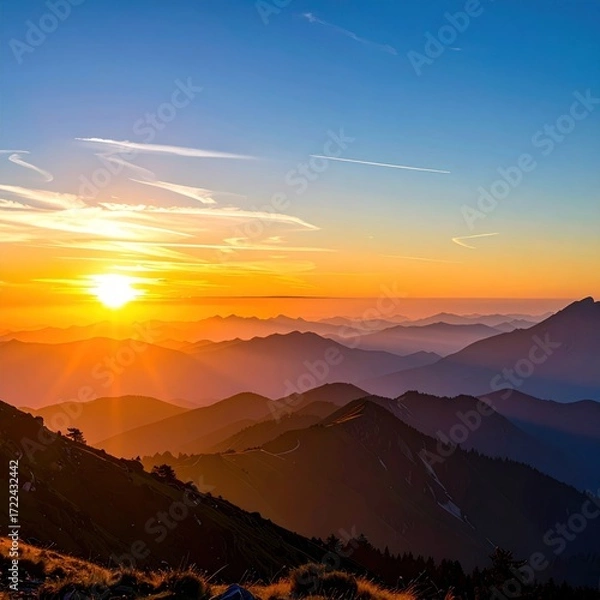 Fototapeta Mountain range view at sunset with orange glow horizon, soft shadows, blue sky, and golden rays. Nature's serene beauty