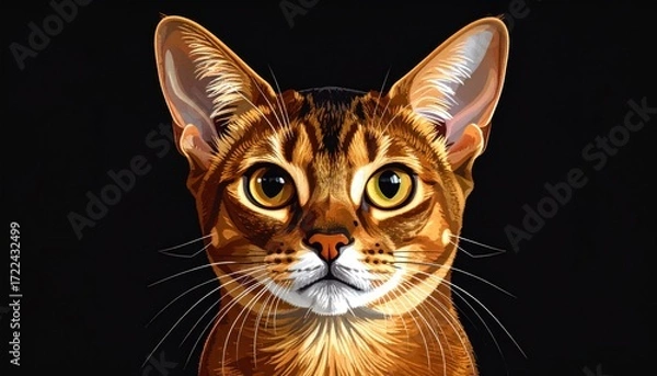 Fototapeta Vibrant digital portrait of an Abyssinian cat head against a stark black background, showcasing its striking amber eyes and patterned fur