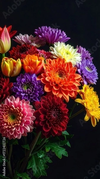 Fototapeta Vibrant assortment of colorful flowers including tulips and chrysanthemums arranged against a dark background, highlighting their rich textures