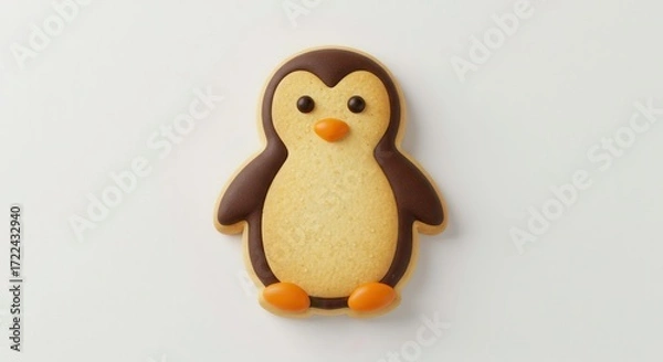 Fototapeta A charming penguin-shaped cookie, decorated with dark brown icing and orange accents, sits on a plain white background.