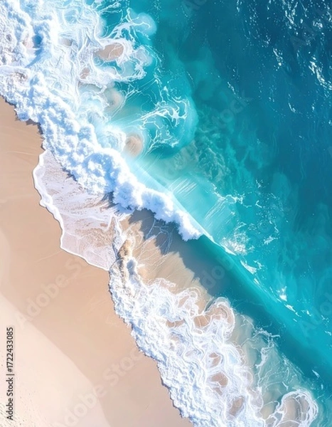 Fototapeta Aerial shot of waves crashing on a golden sandy beach. Turquoise water transitions to deep blue, showcasing the coastline from above