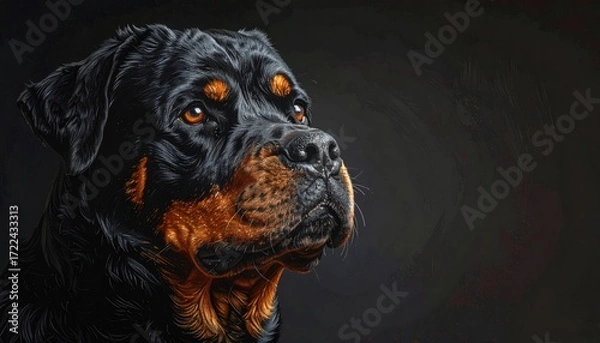 Fototapeta Rottweiler portrait with defined fur texture, warm golden eyes, and intense gaze against dark, painted background