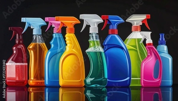 Fototapeta Row of colorful plastic spray bottles filled with cleaning products against a dark background, creating a vivid display of shapes and colors