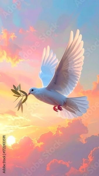 Fototapeta Digital art A white dove flies toward a setting sun, carrying an olive branch against a backdrop of beautiful pink and orange clouds