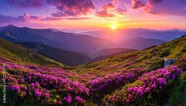 Fototapeta A vibrant sunset illuminates a mountain valley covered in blooming pink rhododendrons. Mountain ranges fade into the distance
