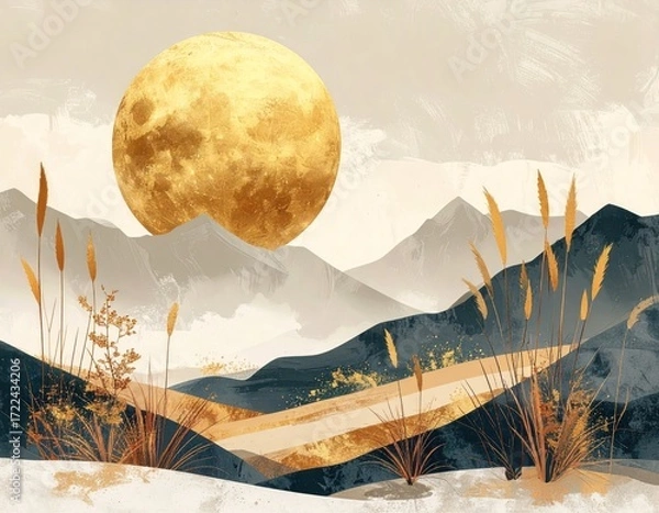 Fototapeta Dreamy landscape with stylized mountains, feathery grasses, and a golden moon in a soft, painterly aesthetic on a creamy, muted background