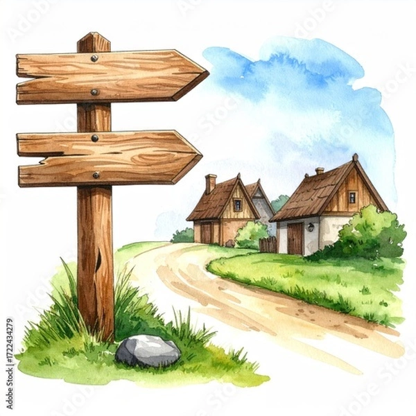 Fototapeta A quaint, painted village scene featuring a wooden direction sign, pathway, and small houses under a bright sky