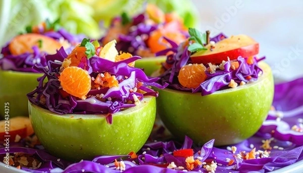 Fototapeta Stuffed green apples filled with vibrant red cabbage and mandarin orange slices, garnished with herbs and sesame seeds on a white plate