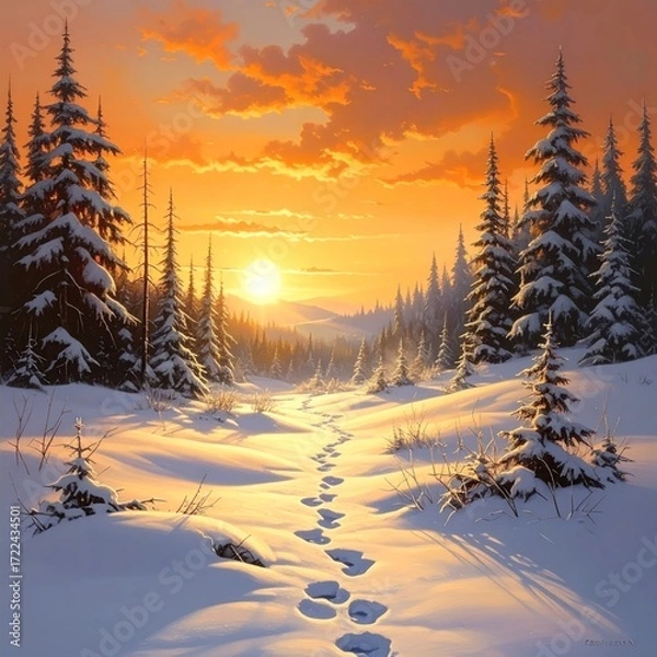 Fototapeta Winter's warm embrace sun shines over snowy path, pine trees, and clouds. Warm colors evoke a peaceful wilderness scene