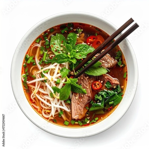 Fototapeta Overhead shot of a bowl filled with Asian soup, containing noodles, beef, herbs, vegetables, and broth, accompanied by wooden chopsticks