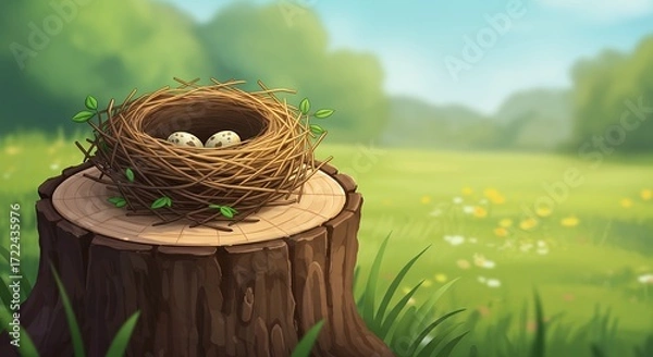 Fototapeta Birds nest with eggs on tree stump