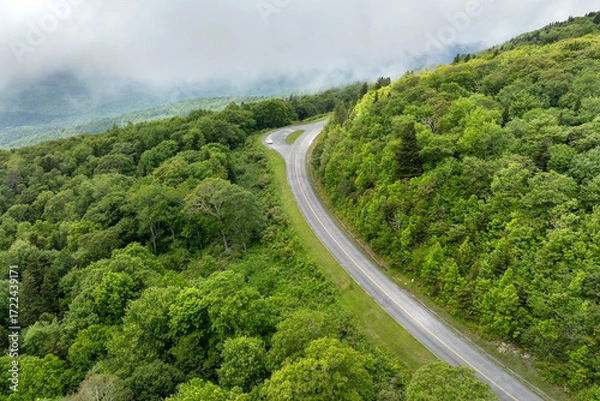Fototapeta Winding mountain road in summer woods. Overlook point in Appalachian mountains in North Carolina with fresh green forest trees in summertime season. Beauty of USA nature