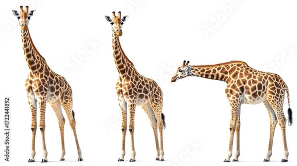 Fototapeta Set of three giraffes seen from front, isolated on white background