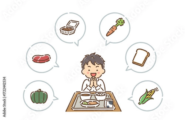 Obraz 給食の前で手を合わせていただきますをしている男の子（フルカラー）