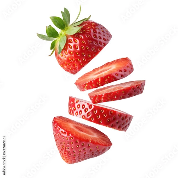 Fototapeta Fresh Strawberry Sliced into Pieces Floating in Air – Isolated Fruit on White Background