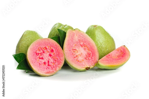 Fototapeta Fresh Pink Guava Fruit Cut in Half Showing Seeds and Creamy Flesh on White Background