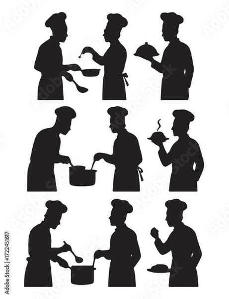 Obraz Setof black chef silhouettes in various cooking poses, preparing dishes, tasting food, and serving meal.