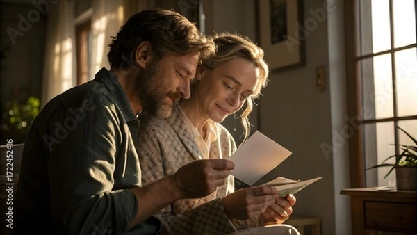 Fototapeta Couple Sharing Cream & Letters in Dim Light. Reading notes together at home, hands touching moisturizer—intimate beauty and emotion.