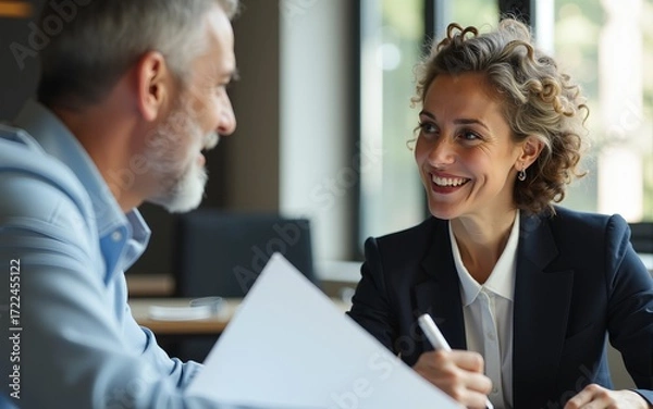 Fototapeta Smiling business people, successful colleagues, workers communication,  sharing ideas, planning startup. Senior woman and man working in modern office. Meeting, teamwork, successful business