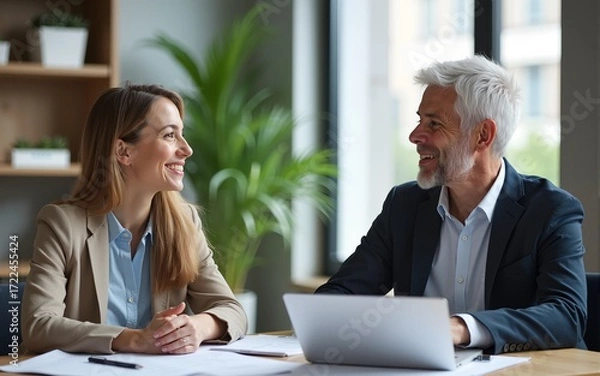 Fototapeta Smiling business people, successful colleagues, workers communication,  sharing ideas, planning startup. Senior woman and man working in modern office. Meeting, teamwork, successful business