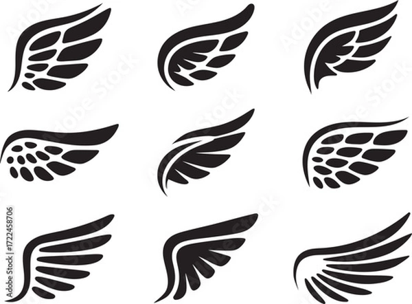 Fototapeta Set of Wing Silhouette Icons, Angel, Bird, and Abstract Wing Vector Designs, Various Stylish Wings Vector Collection
