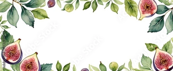 Fototapeta Elegant fig and leaves illustration. Delicate fig artwork with white background. Artistic watercolor fig frame for invitation. Decorative fig border with empty text space.