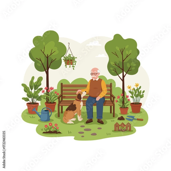 Fototapeta Happy senior man relaxing on a park bench with his dog surrounded by lush greenery and flowers
