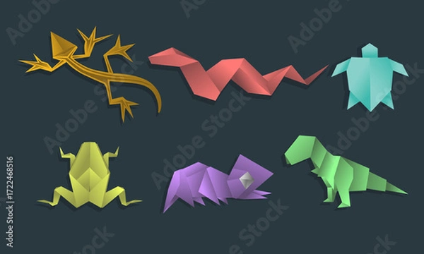 Fototapeta Colorful Origami Reptile Collection – Lizard, Snake, Turtle, Frog, Chameleon, Dinosaur Illustration
