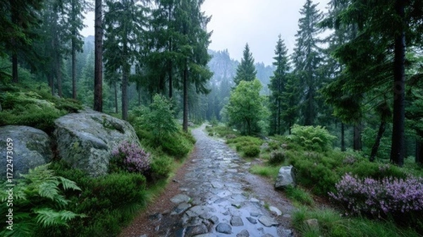 Fototapeta Misty Forest Path with Sunlight Breaking Through Trees Creating Dramatic Landscape in Cinematic HDR with Lush Greenery and Stone Pathway