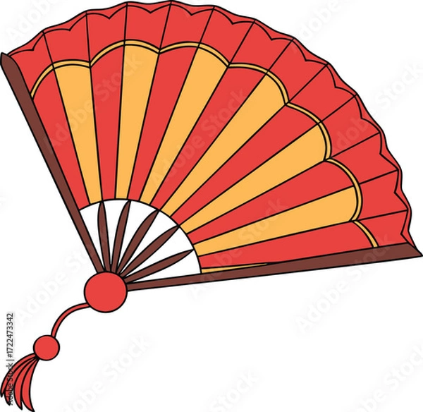 Obraz Colorful Open Hand Fan Illustration with Bold Red Orange and Yellow Shades  Decorative Traditional Accessory with Wooden Structure